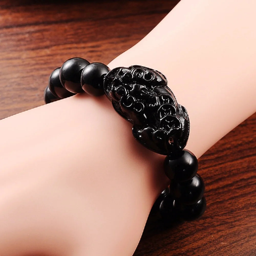 Fashion Jewelry Unisex Pixiu Men Attract Wealth Women Bracelets Obsidian Stone Beads Wristband Good Luck Bangle