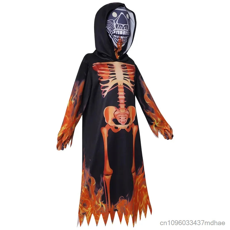 Halloween Costumes Hooded Robe Scary Death Skull Cosplay Suits Party Stage Performance Flame Skeleton Ghost Role Play Outfits
