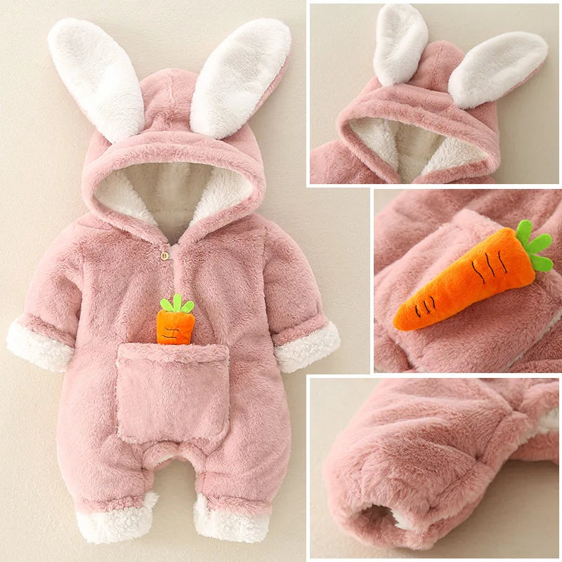 ZOETOPKID Baby Rompers Winter Warm Coral Fleece Newborn Boys Girls Clothes Cartoon Rabbit Coats Infant Jumpsuit Animal Overalls