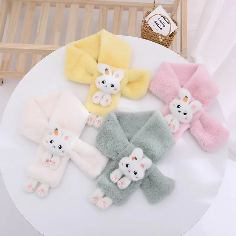 Boys Girls Winter Scarfs Thick Plush Cross Children's Scarf Baby Bib Cute Cartoon Rabbit Faux Fur Neck Protection Warm Shawl
