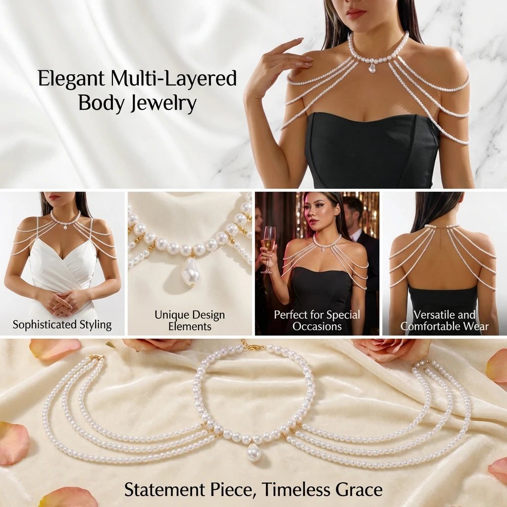 Elegant Multi-Layered Pearl Shoulder Chain Necklace for Women Luxury Wedding Dinner Body Chain Bridal Accessory