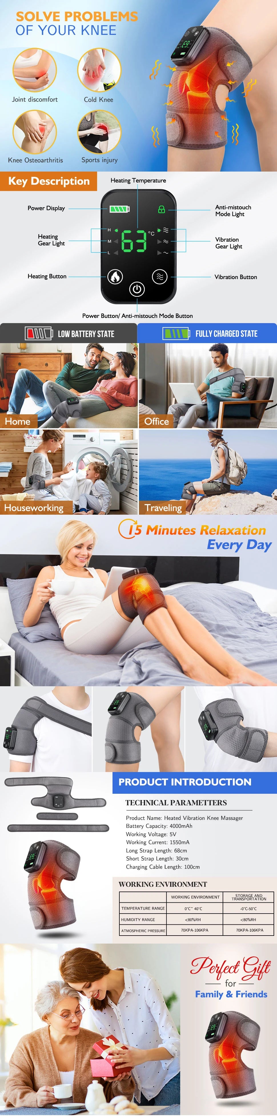 3 in 1 Heating Pad Shoulder Knee Elbow Brace for Arthritis Hot Compresss Joint Massage Strap Promote Blood Circulation Kneepad