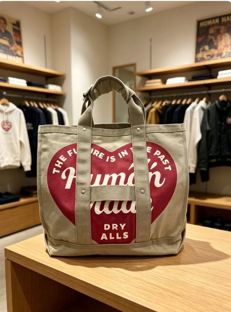 HUMAN MADE Canvas Tote Large Heart Print Heavy Duty Cotton Shoulder Bag Casual