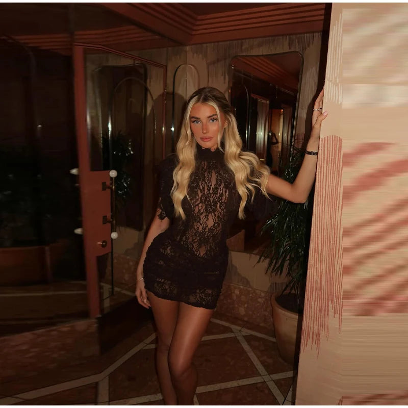 Sexy Lace See Through Party Dress Women Slim Fly Sleeve O-neck Evening Solid Dresses Female 2026 Patchwork Pleated  Robe Lady