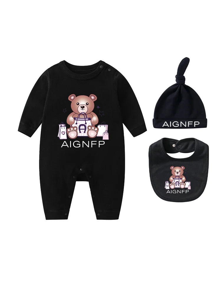 Cute Bear Jumpsuit Newborns Autumn Clothes 2025 Hot Sale New Soft Bib scarf Hat Toddler Romper Sets Baby Long sleeves Bodysuits