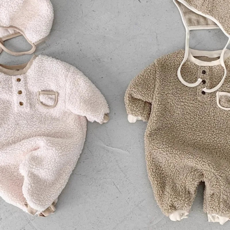 2026 Winter New Baby Warm Berber Fleece Romper + Hat Newborn Toddler Plus Velvet Thick Long Sleeve Jumpsuit Boy Girl Clothes