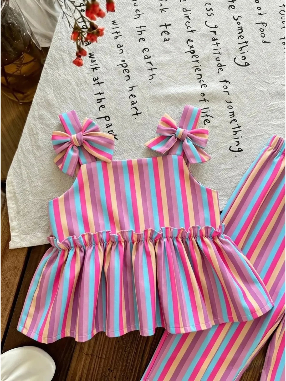 Baby Children's Clothing Set with Thick Shoulder Strap Bow Detail Stripe Color Block Skirt Top And Elastic Waist Striped Pants C