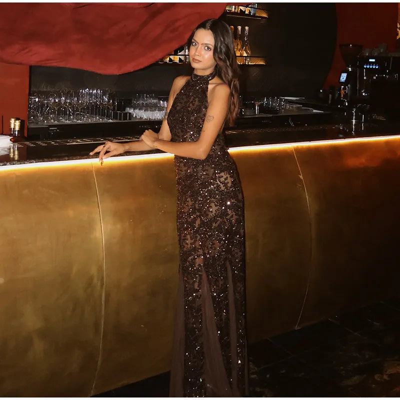 Elegant Sequin Maxi Evening Dress Halter Neck Open Back Women's Formal Party Prom Gown Sparkling Festival Female Long Dresses