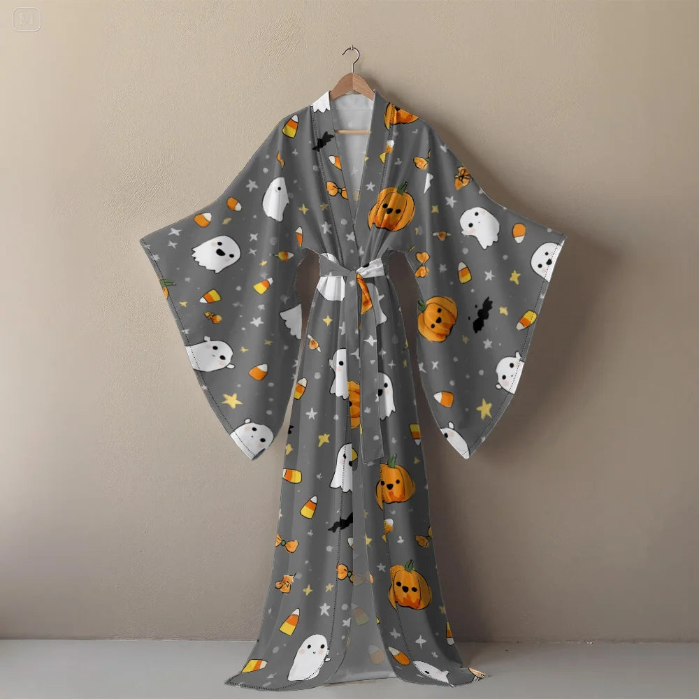 Halloween Sexy V-Neck Robe with Ghost Print High Slit & Bat Sleeves Kimono - Women's Party Costume Funny Cool Cosplay Wear