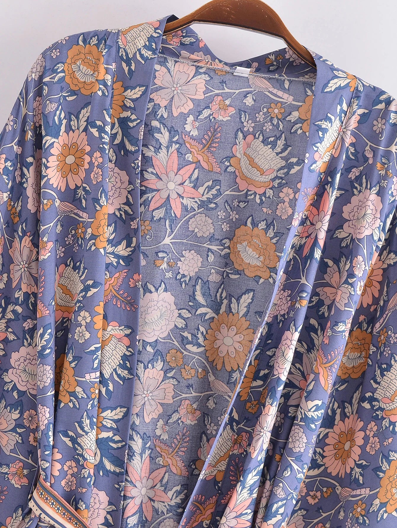 BOHO Women Blue With Pink Flower Print Kimono Shirt Holiday Tide Bow Sashes Mid Long Cardigan Summer Blouse Beach Cape