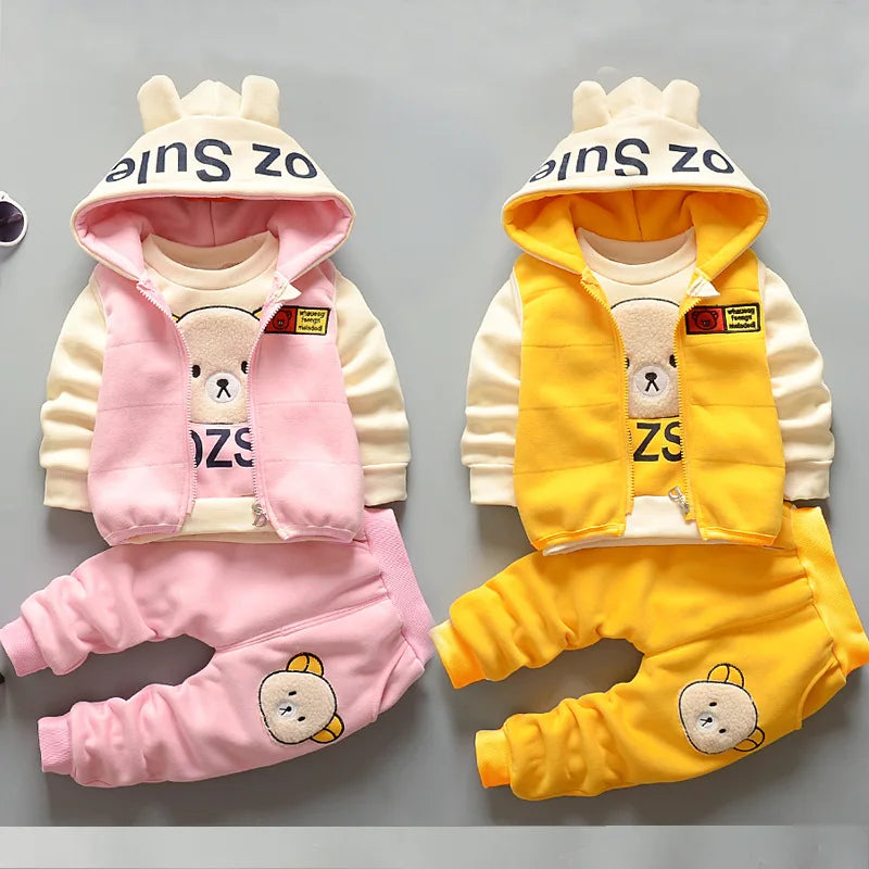 Boy Girl Winter Cartoon Set Baby Autumn Thick Warm Suit Infant Hooded Jackets+Pullovers+Pants 3Pcs Outfits Kids Fleece Clothes