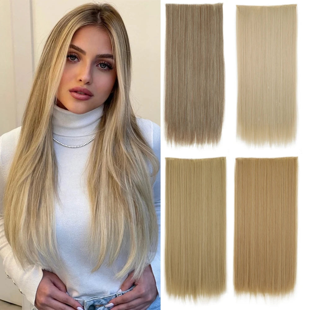 Synthetic 24Inch Hair Extensions OnePiece 5 Clips Long Straight Hairstyle Heat Resistant Fake Hairpiece For Women Natural Brow