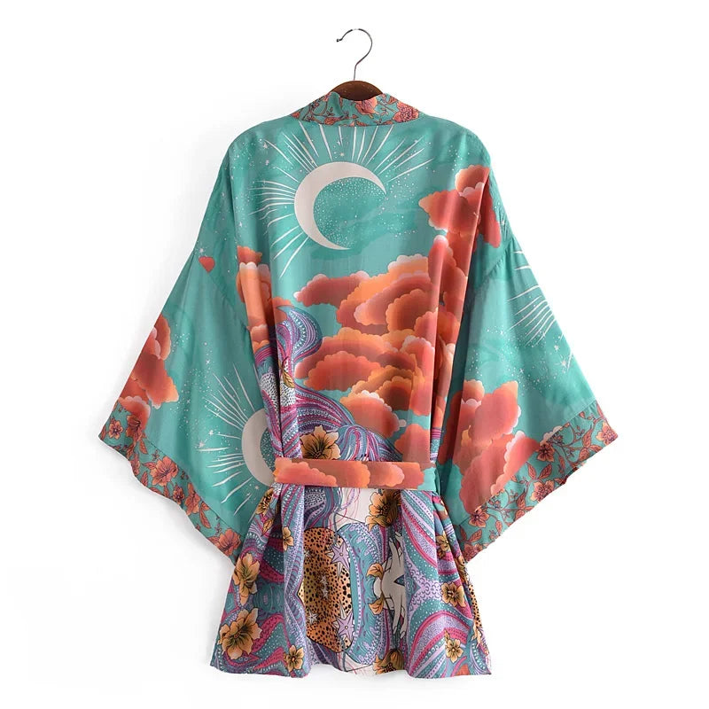 Happie Queens Vintage Star and Moon Floral Print Sashes Women Bohemian V Neck Batwing Sleeves Happie Short Robe Kimono