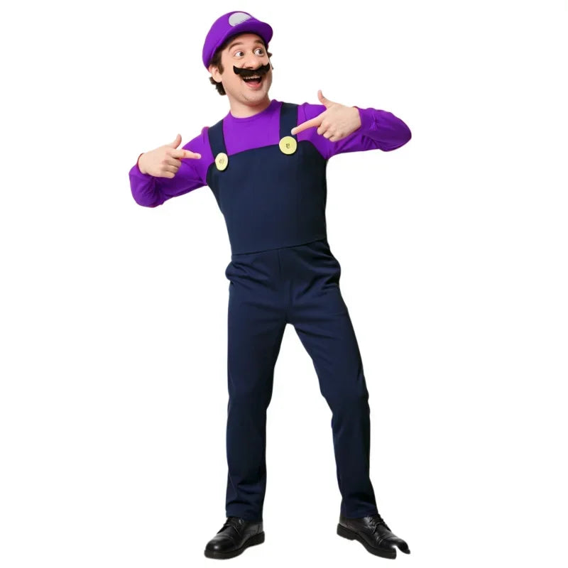 Halloween Men's Plumber Jumpsuit Roleplay Costume (Includes Hat, Gloves, Mustache Accessories) Available in Red, Yellow, Purple
