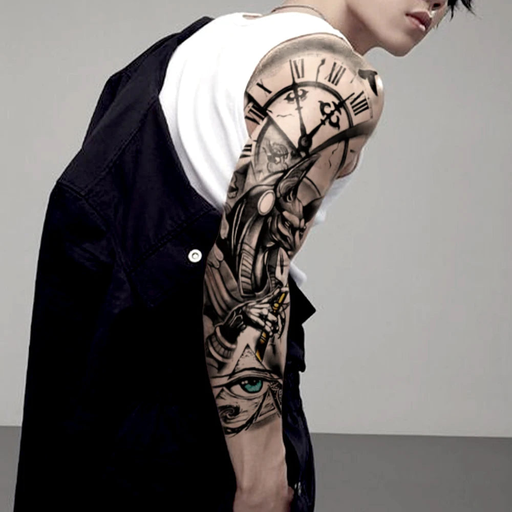 Large Full Arm Sleeve Waterproof Temporary Tattoo Sticker Mechanical Egyptian Dog Eye Clock Fake Tatoo Body Art Tatto Men Women
