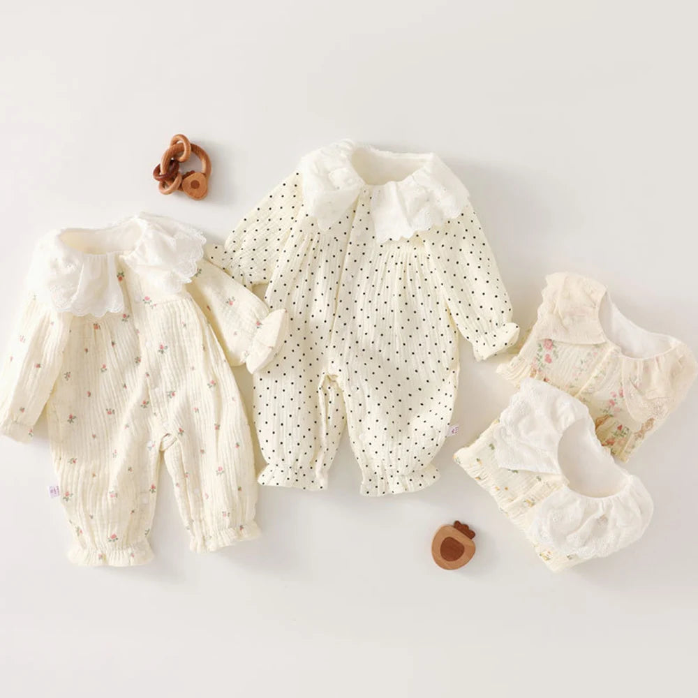 Gauze Baby Rompers Girls Floral Dot Print Peter Pan Collar Newborn Clothing Spring Autumn Infant Girl Long Sleeve Jumpsuit