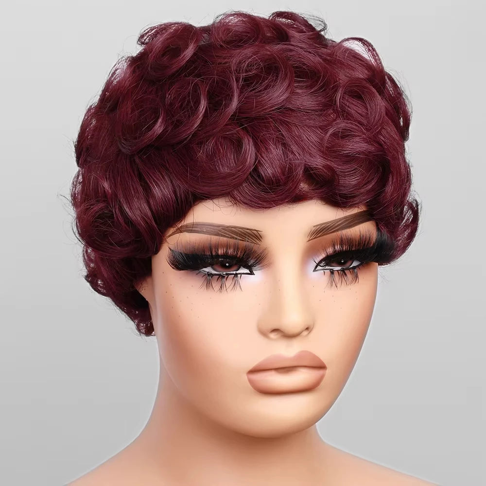 Short Layered Pixie Curly Wigs Human Hair Chic Pixie Cut Human Hair Wig With Bangs Black Color Full Machine Made For Women