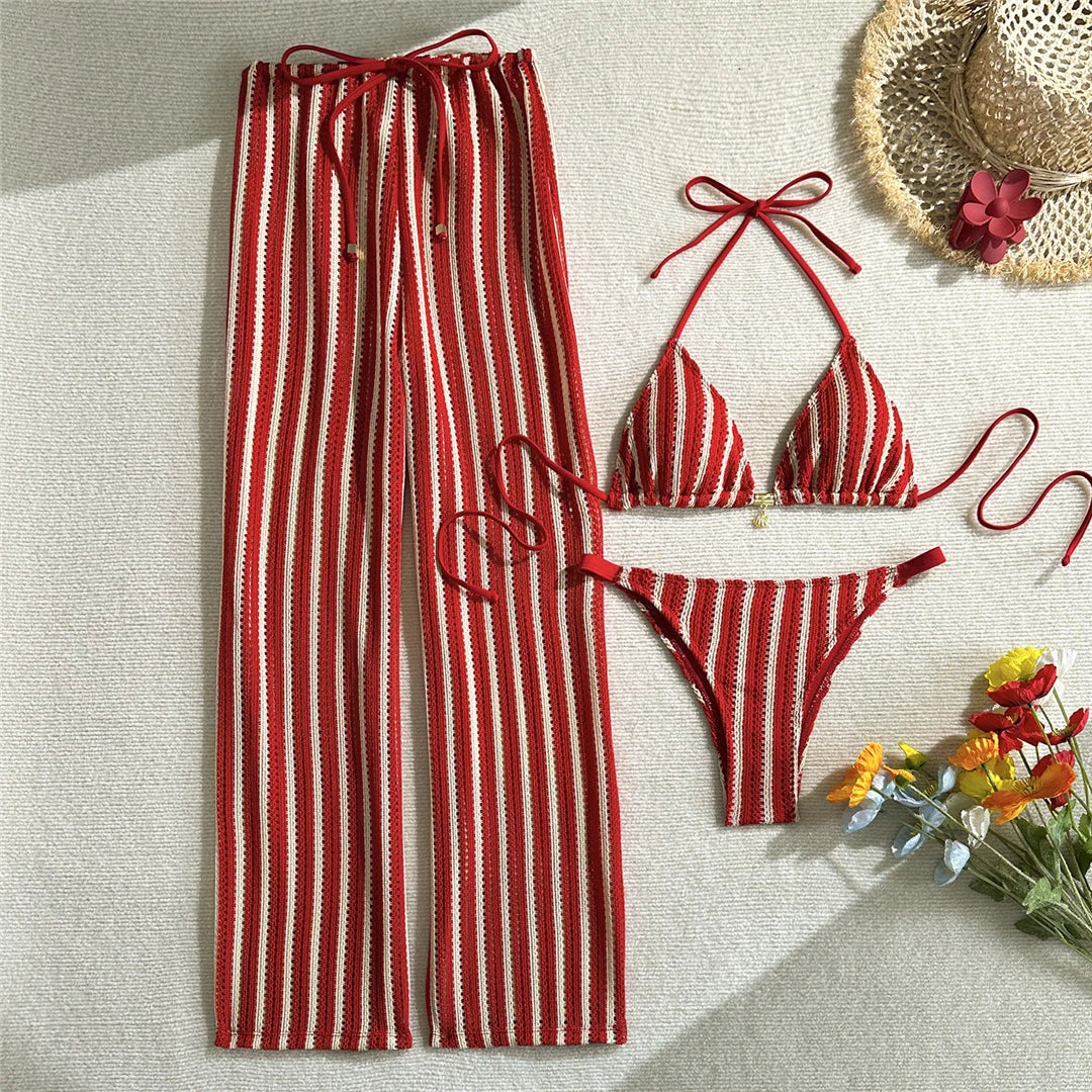 With Pants Striped Halter Bikini Female Swimsuit Women Swimwear Three-Pieces Bikini Set Brazilian Bather Bathing Suit Swim V7838