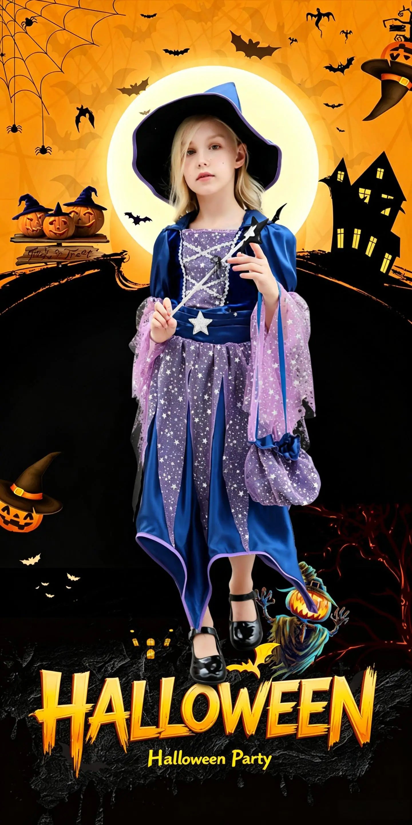 2026 Halloween Blue Witch Costume for Girls with Witch Hat Wand Bag Accessory Set  2-12T Girl Role Play Party Dress Vestidos