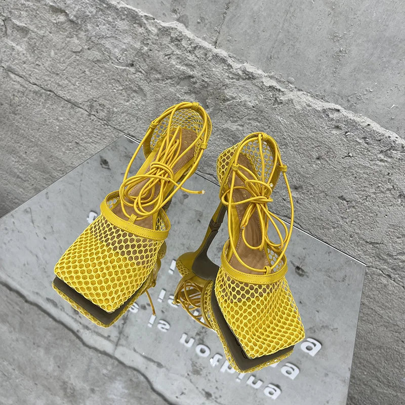 New Women's Shoes Fashion Air Mesh High Heeled Sandals for Woman Exquisite Square Head Casual Shoes Designer Shoes Zapatos Mujer