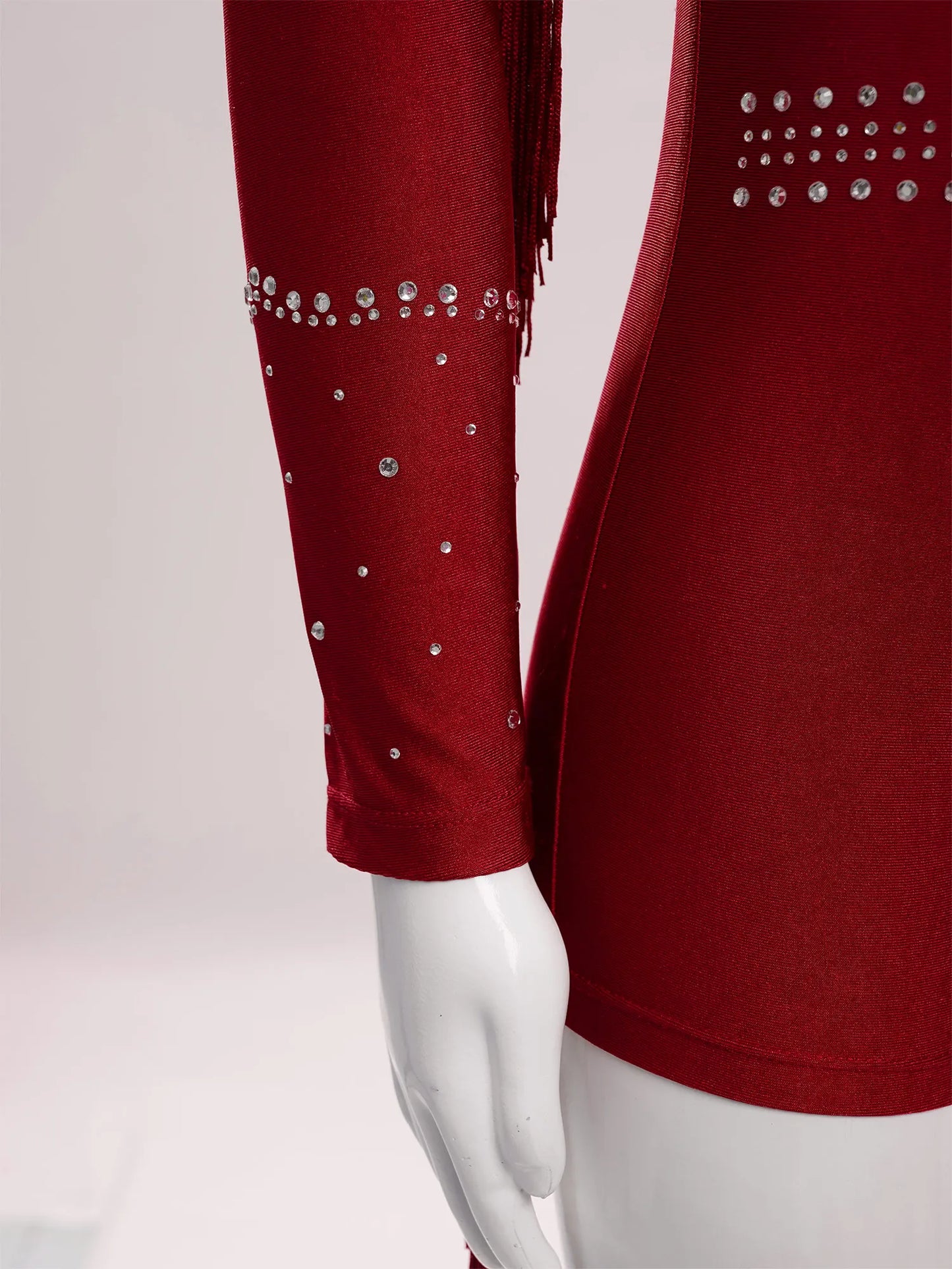 Girls Leotards Jumpsuit for Jazz Latin Skating Competition Costume Tassels Long Sleeve Rhinestones Bodysuit Modern Dancewear