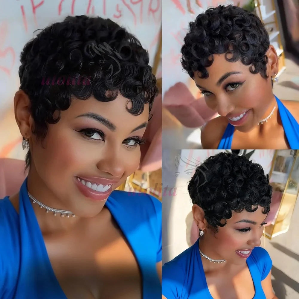 Short Deep Wave Pixie Cut Human Hair Wig Brazilian Remy Wig 180 Density Easy Daily Wear for Black Women