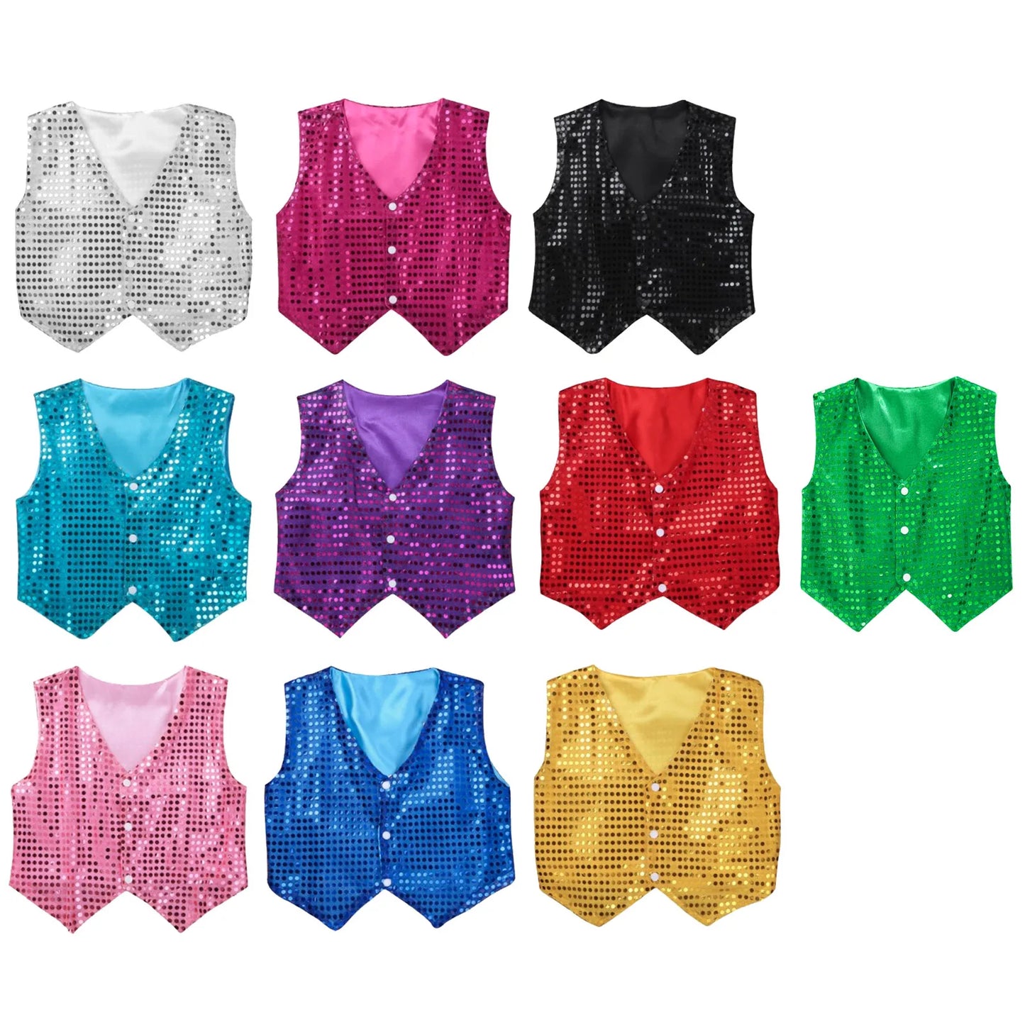 Children Boys Girls Shiny Sequin Vest Waistcoat Hip Hop Jazz Street Dance School Choir Costume Halloween Carnival Party Clothes
