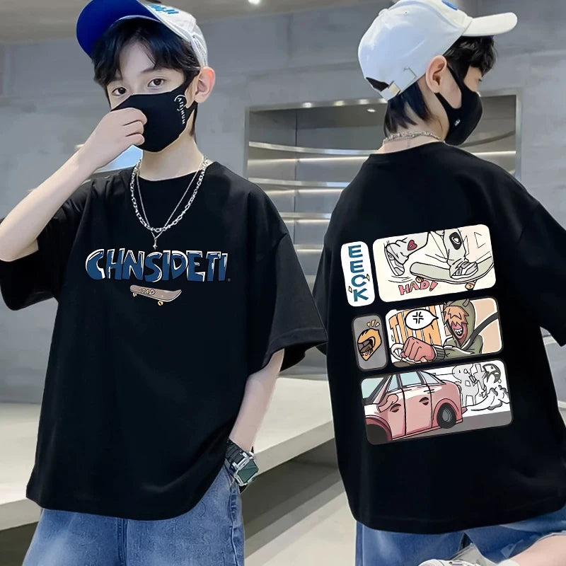 Summer 100% Cotton Boys Blue T-shirt Cool Graffiti Printed Girls Tees Short Sleeve Children Tops High Quality Kids Clothes 2024