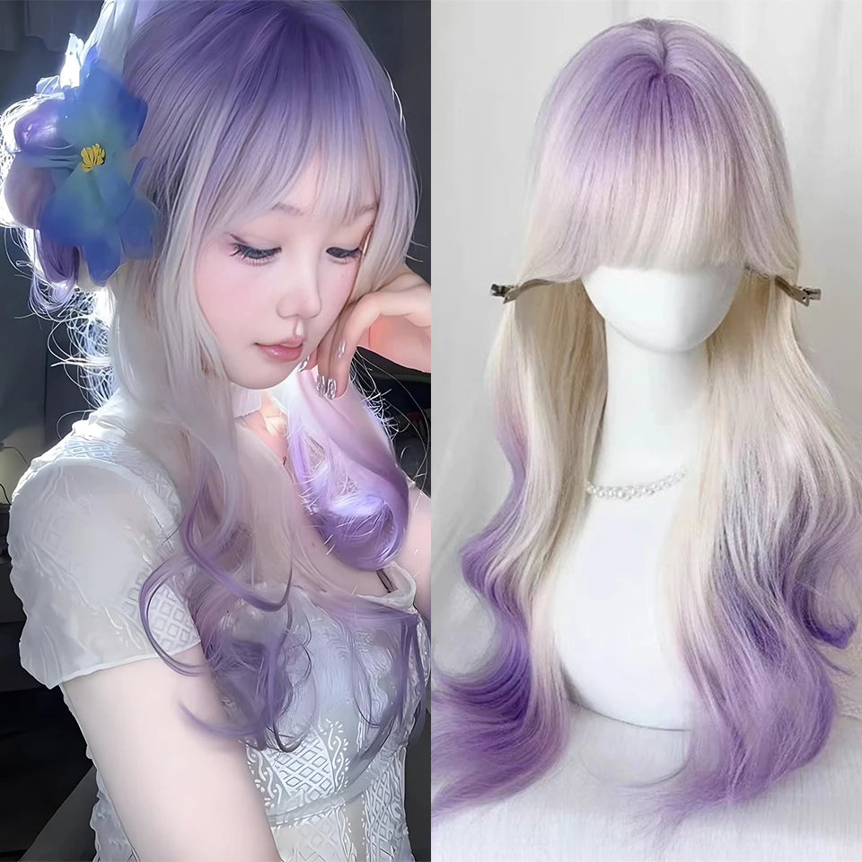 Ombre Pink Brown Wig for Women Cute Lolita Hair Wig with Bangs High Temperature Fibers Synthetic Wigs Headband Wigs for Cosplay