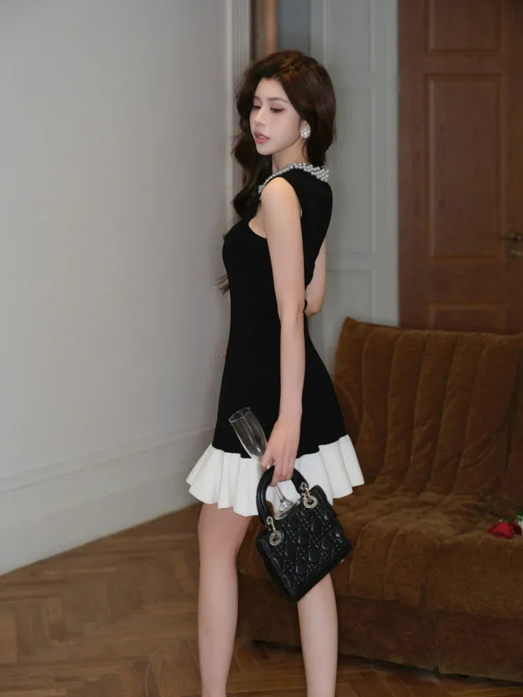 Elegant Pearl Detail Knitted Ice Silk Sleeveless A- Line Dress French Style Summer Dress for Women with Lace Hem Empire Waist