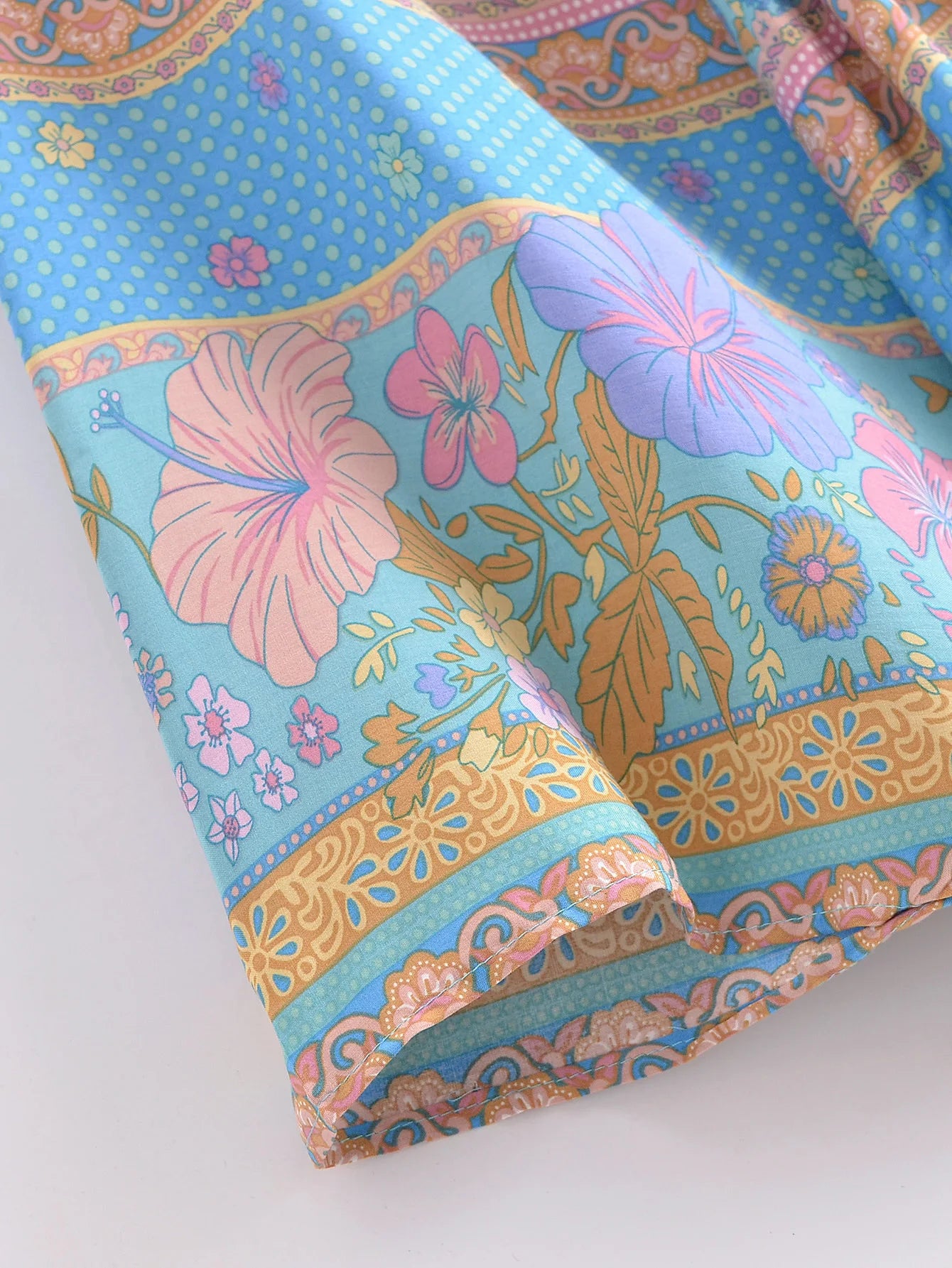 BOHO Women Blue With Pink Flower Print Kimono Shirt Holiday Tide Bow Sashes Mid Long Cardigan Summer Blouse Beach Cape