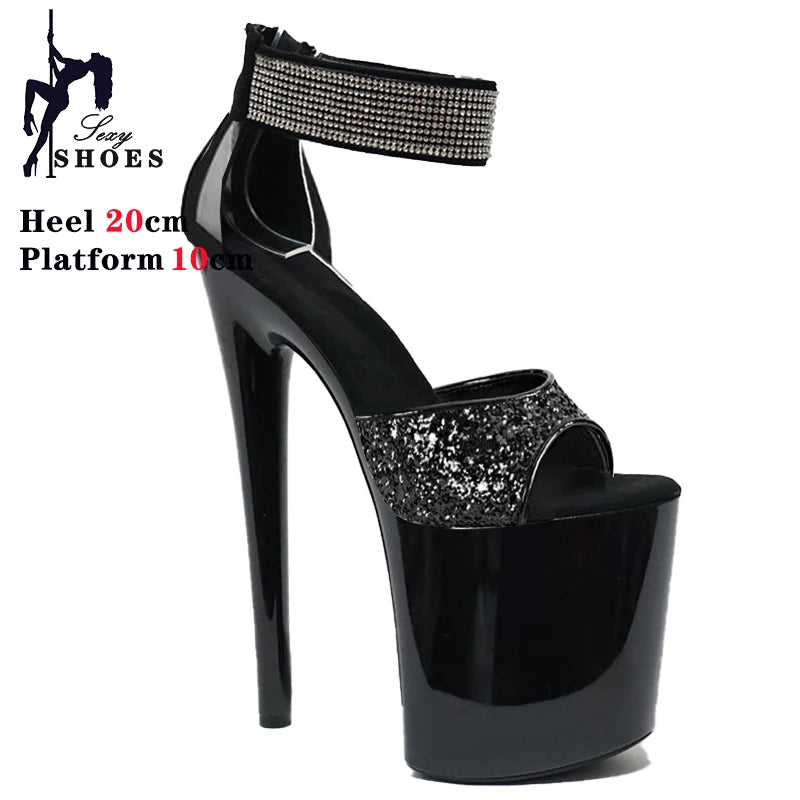 New High-heeled 20cm/8inchs Sandals Women Summer Strap Thin Heel Black Sandals Stripper Pole Dance Dress Models Nightclub Shoes