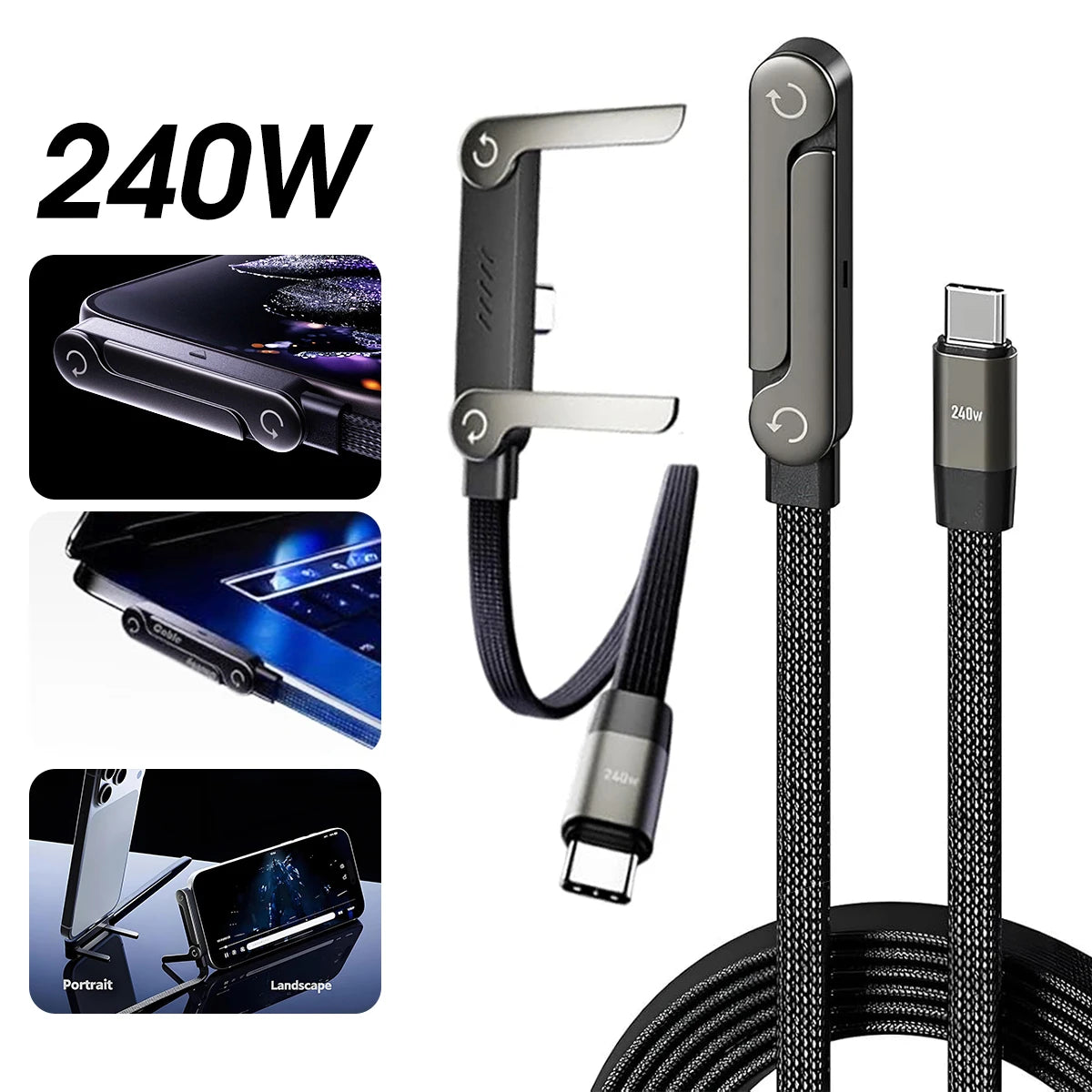 Ankndo 240W Fast Charging Foldable Phone Stand with 360 Rotating Type C Charging Data Cable 2-In-1 Phone Tablet Foldable Holder