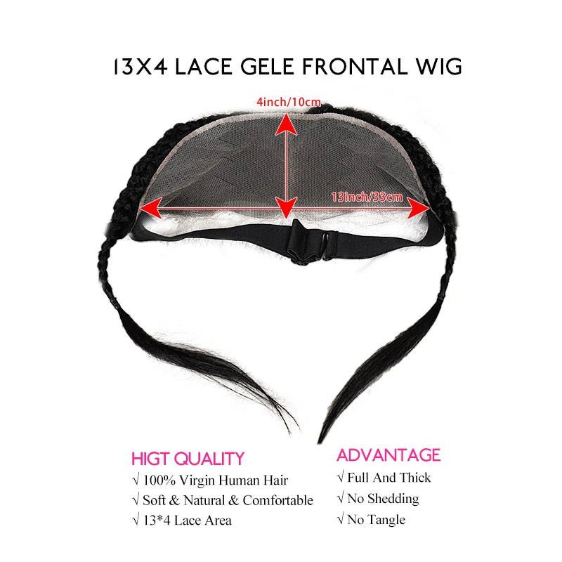 10 Inches 13x4 Inch Lace Front Plait Wig Black Gele Frontal Wig 100% Human Hair with Baby Hair Wig for Women