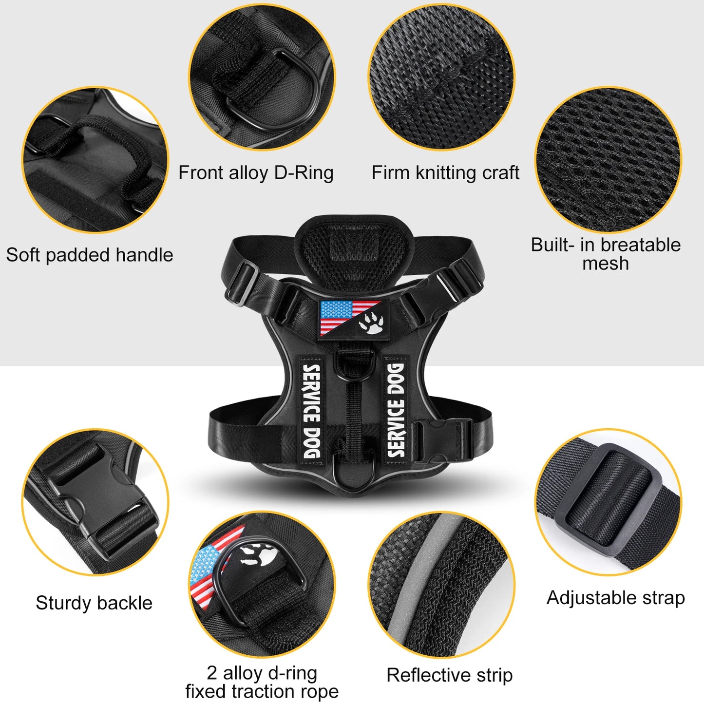 Reflective Dog Vest Harness with 5 PCS Patches Service Dog Harness Adjustable Soft Oxford Pet Harness