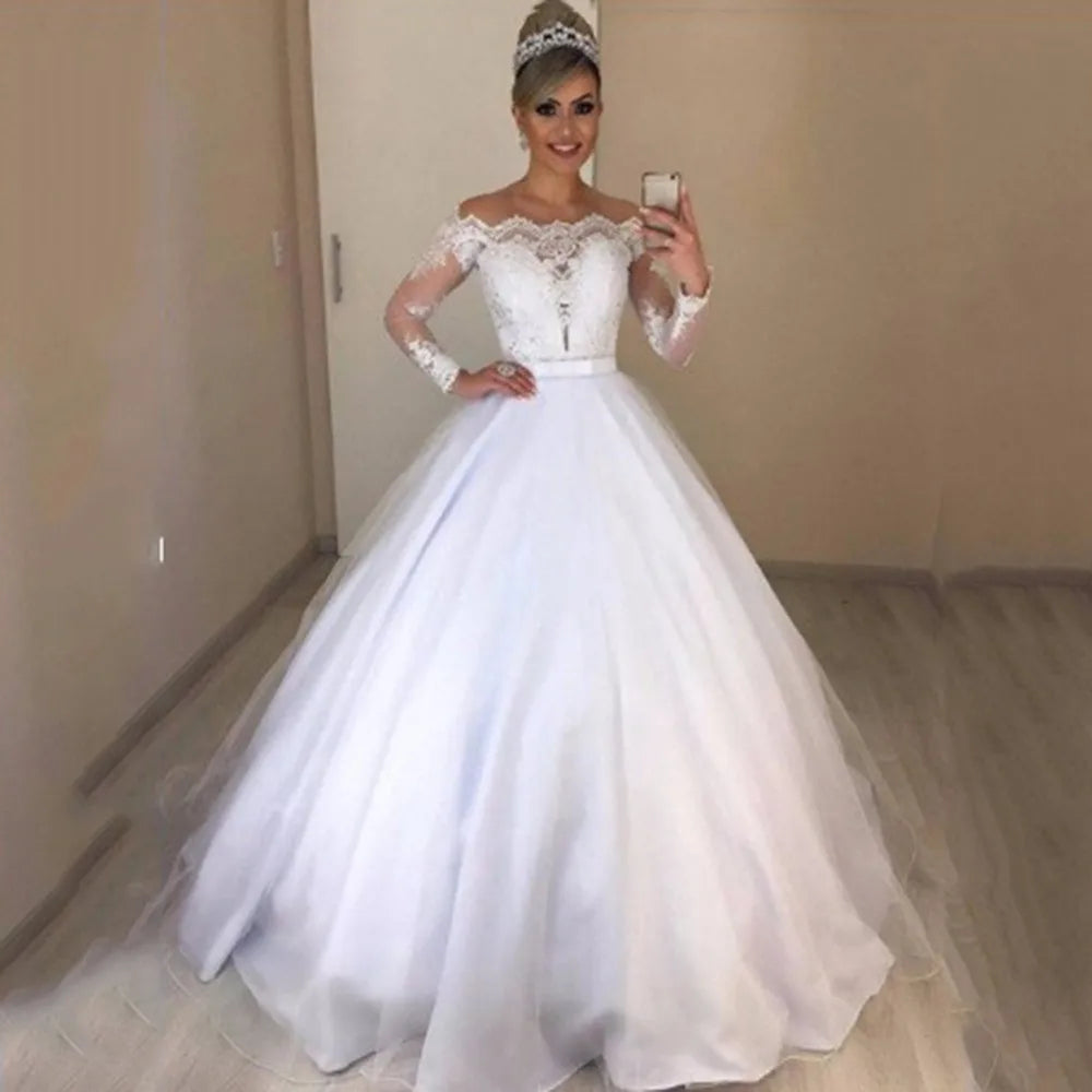 Fashionable Slim Fit V-Neck Lace Trimmer Wedding Dress with Train Elegant Style Polyester Fabric High Waist Long A- Line Skirt