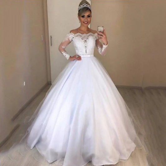 Fashionable Slim Fit V-Neck Lace Trimmer Wedding Dress with Train Elegant Style Polyester Fabric High Waist Long A- Line Skirt