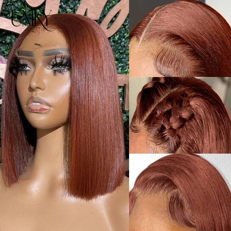 Short Bob Human Hair Wigs Straight Reddish Brown 13x4 Full Lace Frontal Wigs For Women 180 Density Color #33 Glueless Wig