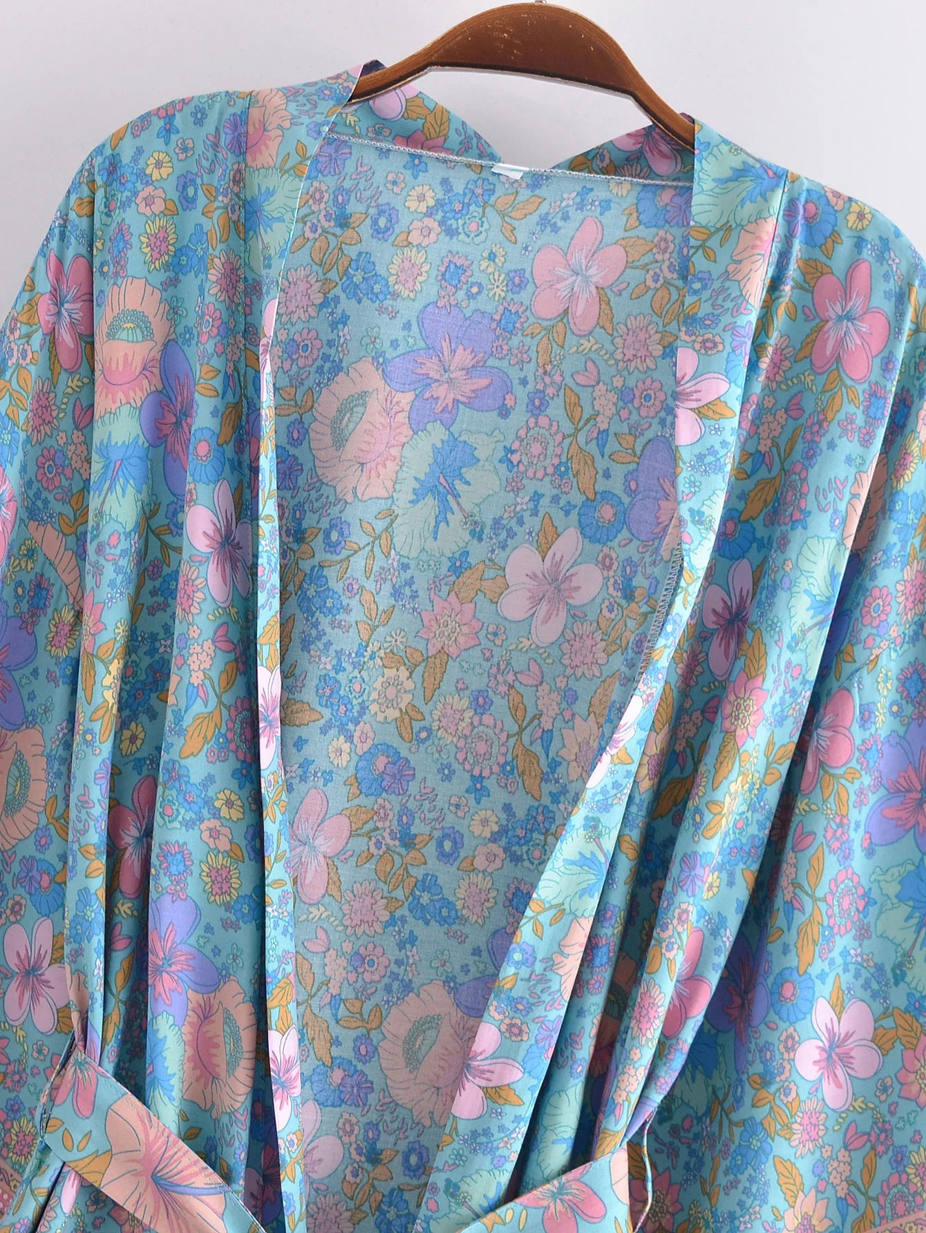 BOHO Women Blue With Pink Flower Print Kimono Shirt Holiday Tide Bow Sashes Mid Long Cardigan Summer Blouse Beach Cape