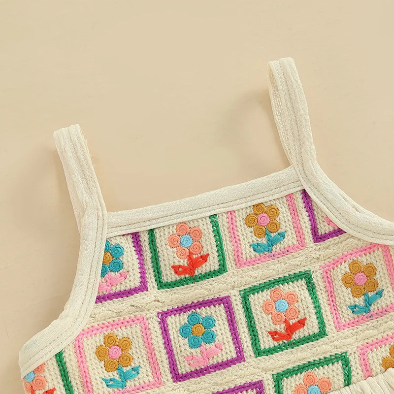 Toddler Girl Crochet Outfit Crochet Floral Crop Top Sleeveless Camisole Ruffle Top and Pant Set Baby Summer Clothes