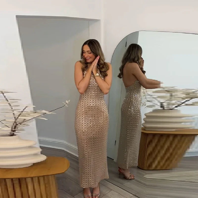 Sexy Lady Sequin Halter Maxi Dress Sleeveless O Neck Backless Party Long Robe 2026 Spring New Luxury Evening Dresses