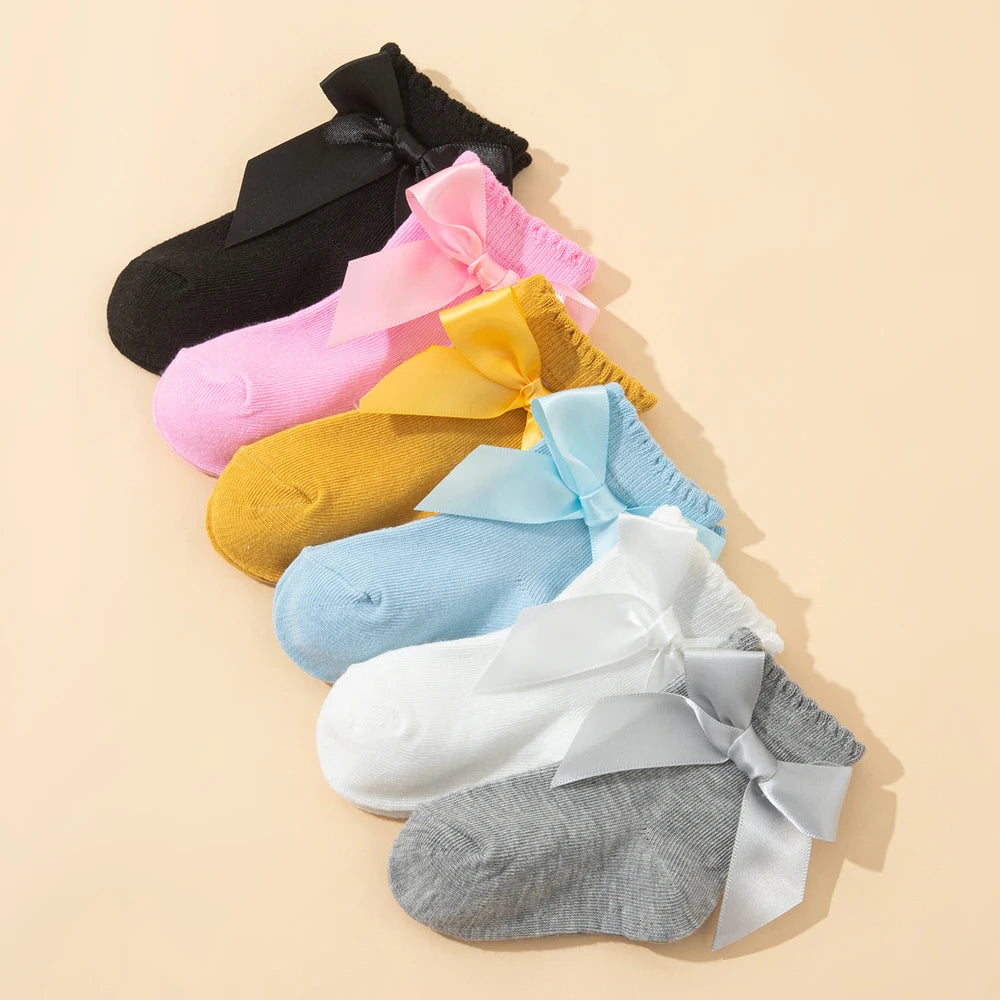8 Pairs Baby Girls Bow Socks Set Soft  Ankle Socks 0-3Y Toddler Princess Socks With Big Bow Solid Color Kids Socks