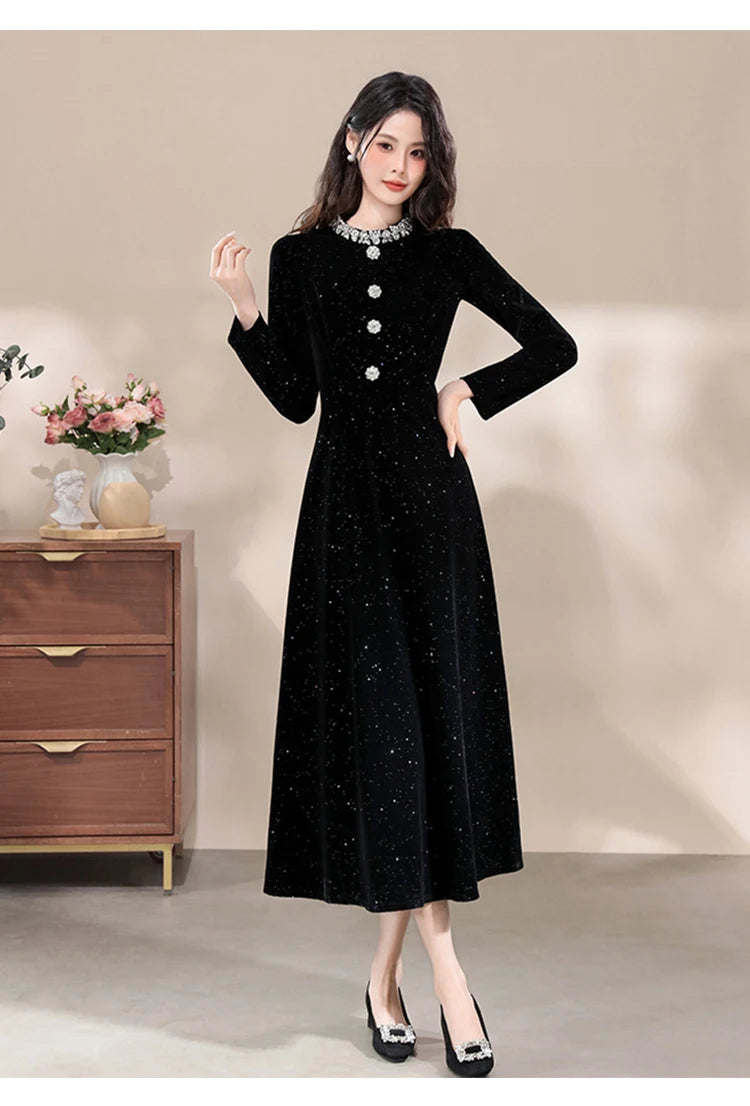 Formal Occasion Black Shiny Slim Long Evening Dress Women Clothes Elegant Luxury Lady Fashion Party Prom Birthday Vestids Retro