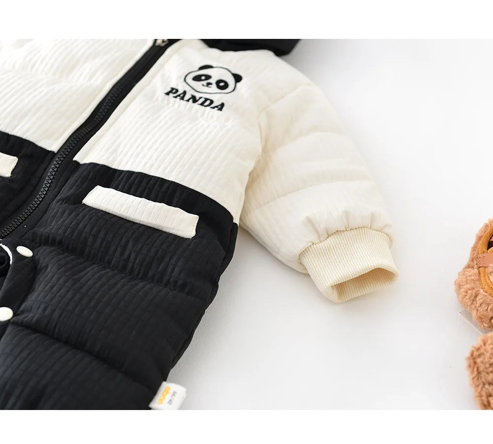 2024 Winter Baby Long Sleeve Warm Hooded Romper Cute Panda Print Newborn Plus Velvet Thick Jumpsuit Infant Girl Boy Warm Clothes