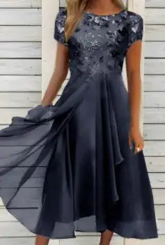 New 2025 Women's Lace Dress for Party Elegant Bride Wedding Dress Plus Size Jewel Neck Knee Length Chiffon Lace Long Party Dress