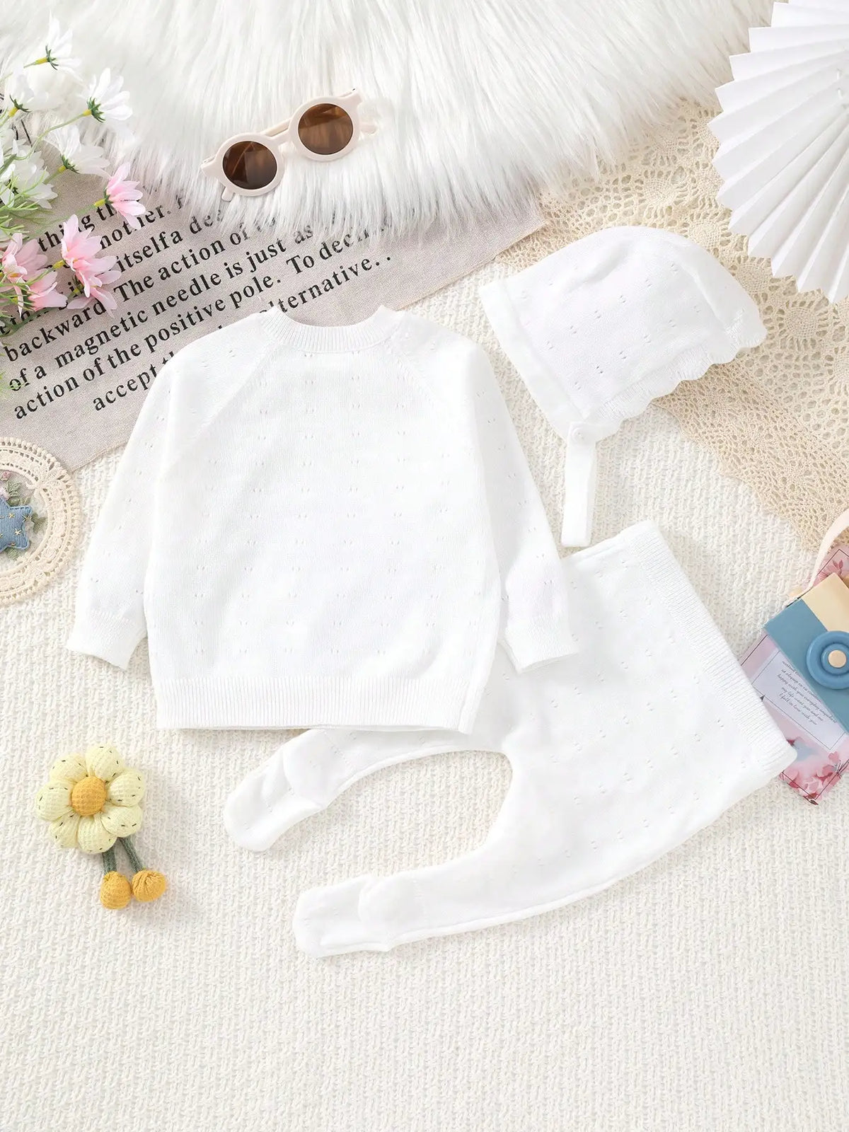 Newborn Baby Thin Long-Sleeved Romper and Hat Knitted Three-Piece Set