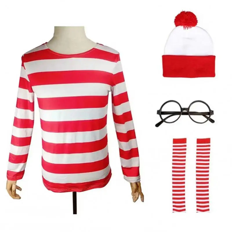 Wheres Waldo Cosplay Costume Red Striped Shirt Role Play Clothes Hat Glasses Socks Halloween Christmas Family Dress Up Outfits