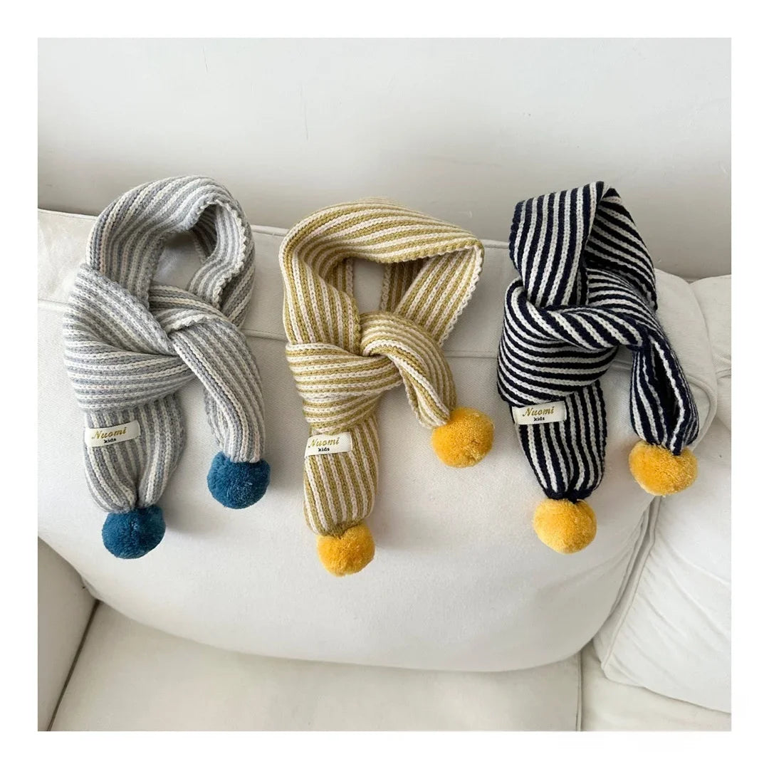 Warm Winter Neck Warmer 2025 Kids Striped Knitted Scarf with Cute Pom Poms Soft Fashion Accessory for Baby Toddler Boys Girls