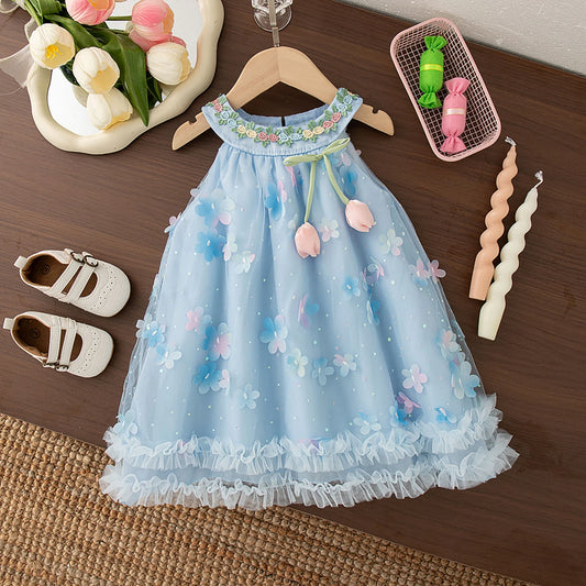 Girls' Dress Summer Floral Mesh Halter Neck Baby Girl Dress Cute Bow Baby Dress Baby Girl Clothes