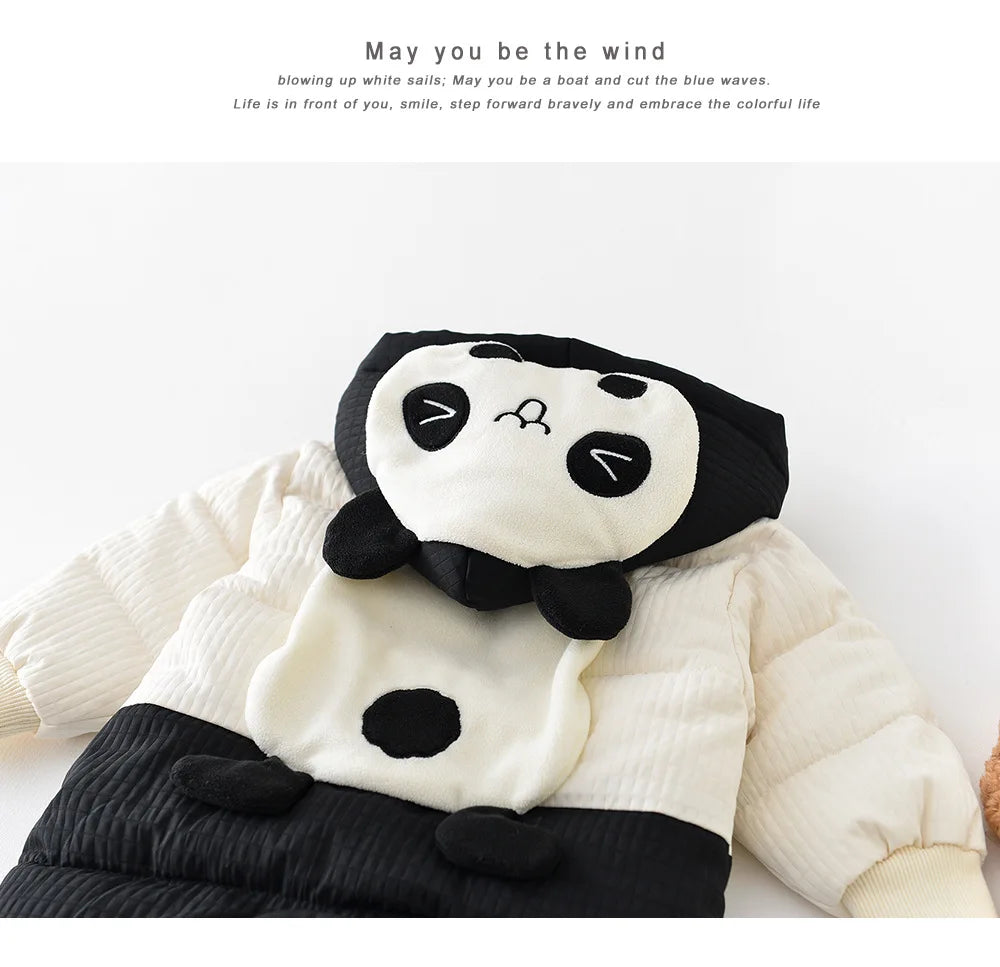 2024 Winter Baby Long Sleeve Warm Hooded Romper Cute Panda Print Newborn Plus Velvet Thick Jumpsuit Infant Girl Boy Warm Clothes